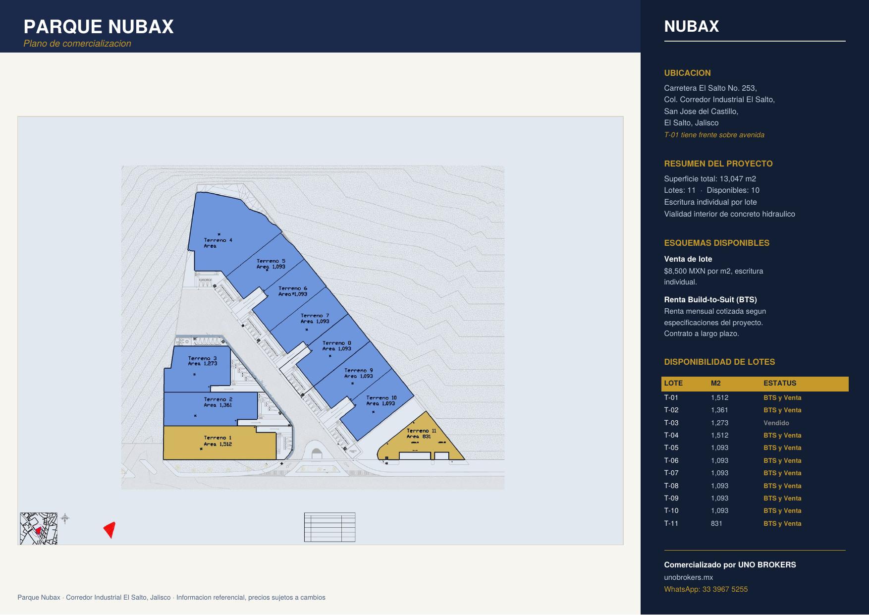 Plano de comercialización de Parque Nubax con la ubicación y área de cada uno de los 11 lotes
